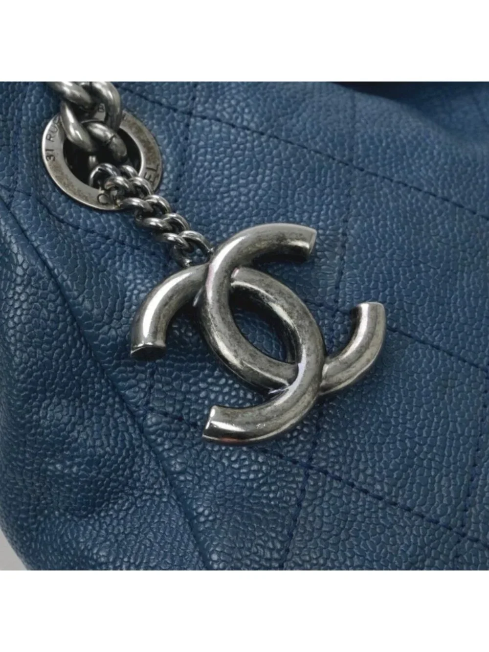 Chanel Wild Stitch Quilted Tote Caviar Leather Blue Gunmetal CC Logo Chain - Picture 7 of 10